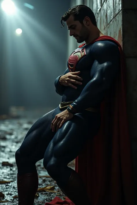 superhero superman, walks leaning on a wall, covering a small wound in his abdomen with his hands, dramatic lighting, cinematic angle, gritty realistic style, muscular detailed anatomy, billowing cape, chiaroscuro lighting, moody atmosphere, depth of field...