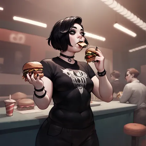 masterpiece, best quality, high quality, doomer girl, goth gf, standing, plump, eating burger, night background, 