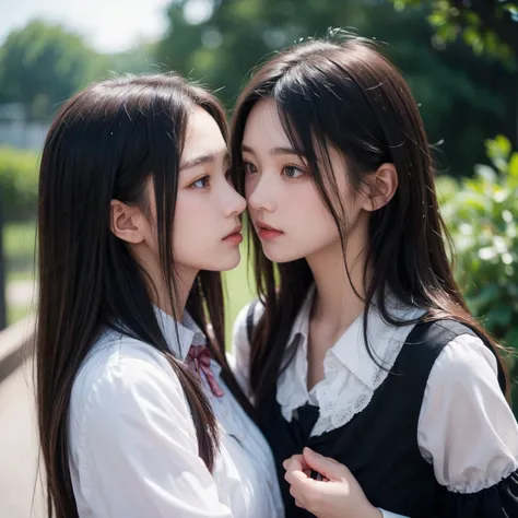 Cheap quality images taken with a toy camera. Two girls look at each other with their foreheads touching、、 Preadolescence、
low-key、 film grain, Gray hair, Gothic Fashion-style school uniform