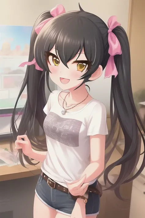 Matoba Risa,
long hair, black hair, twintails, yellow eyes, jewelry, smile, ribbon, 1girl, necklace, blush, hair ribbon, open mouth, bangs, bow, solo, hair bow, looking at viewer, white shirt, denim shorts, shorts rolled up, belt