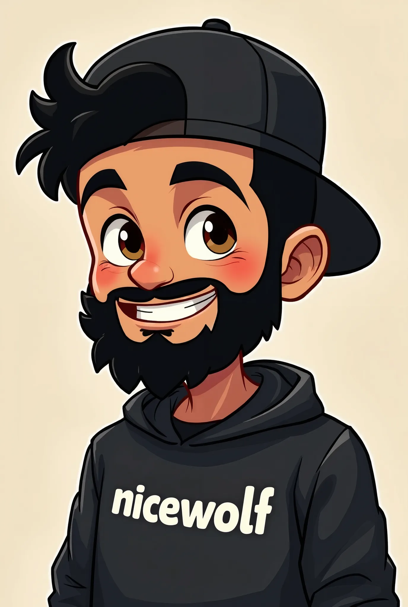  barba preta curta cartoon, brown eyes and wearing a black cap and sweatshirt written "nicewolf",  mischievous smile 