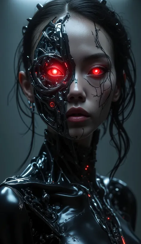 portrait of a woman with half mechanical face and cyborg eyes, glowing red cyber eye, cracked skin, high quality, high details, sharp focus, high contrast, shining and sparkling, dark colors, beautiful girl face, full body, leg, arms, torso, human skin che...
