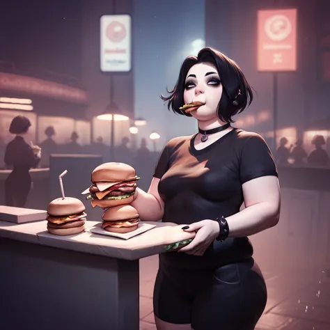 masterpiece, best quality, high quality, doomer girl, goth gf, standing, plump, eating burger, night background, 