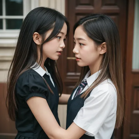 Cheap quality images taken with a toy camera. Two girls look at each other with their foreheads touching、、 Preadolescence、
low-key、 film grain, Gray hair, Gothic Fashion-style school uniform