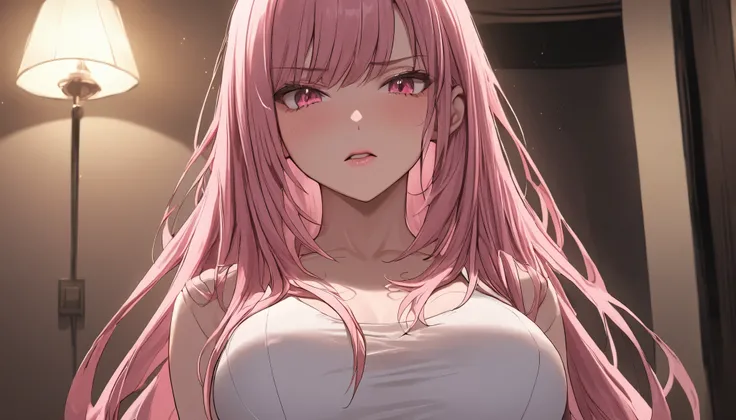 1 woman, semi realistic, Masterpiece, Master work, perfect, mature body, big size breast, straight half body long hair, soft pink colored hair with bangs, pink eyes, bad mood, angry, wearing clothes, parted lips, in the night living room, high res, ultrash...