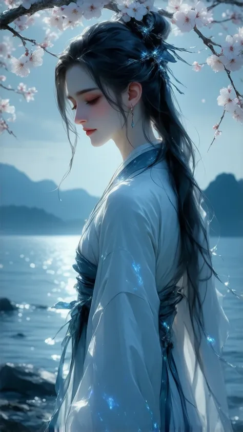 beautiful aura　Kasugawa　Mysterious　cherry blossoms　Night sea　 shining hair ornament　Starlight　 light black　 blue eyes
Full body　A woman who looks in front of her memories is beautiful　I'm closing my eyes lovingly　forever　 beautiful white skin　White light　 ...