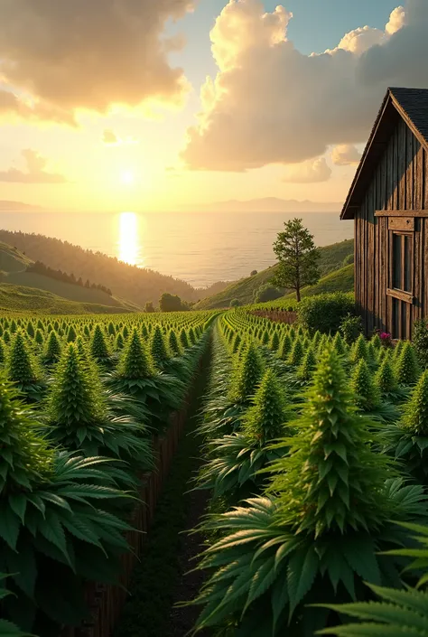 Hemp farm. On the right side of the frame, you can see a barn. Hills and ocean in the back.  at sunset 