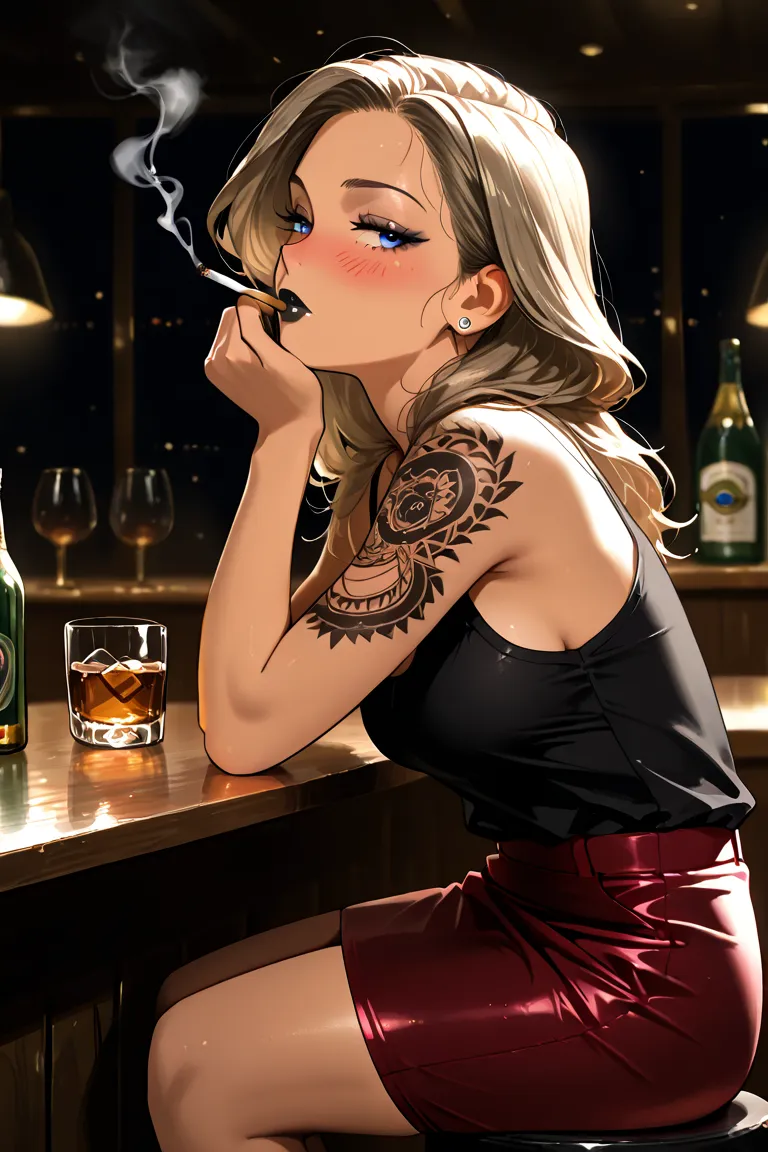 1girl, Brazilian woman, light brown hair, blue eyes, MILF, lots of tattoos, black shirt, black lipstick, bored, drunk, smoking, smoke plume, glass of whisky, sat on a stool, by the bar, side view, looking away from the viewer, elbow on bar, head propped up...