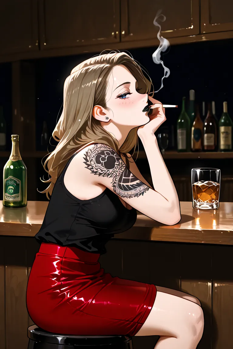 1girl, Brazilian woman, light brown hair, blue eyes, MILF, lots of tattoos, black shirt, black lipstick, bored, drunk, smoking, smoke plume, glass of whisky, sat on a stool, by the bar, side view, looking away from the viewer, elbow on bar, head propped up...