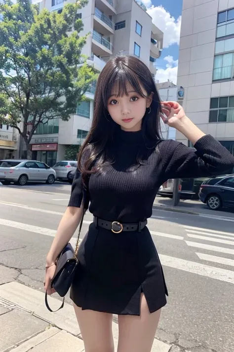   Asian woman in Arafed  ,   knit dress, double eyelid,   micro mini skirt,   high heels , (Skirt length that is too short), ((  Embarrassing)),   seios grandes  ,   open legs,