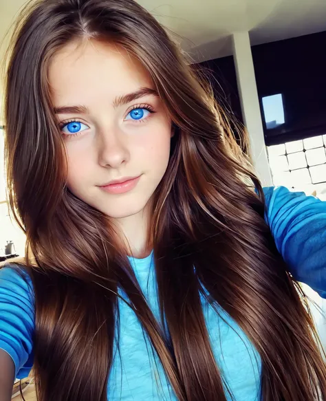 female, long haired, brown hair, blue eyes, 15yo, selfie, best quality, perfect imagine 