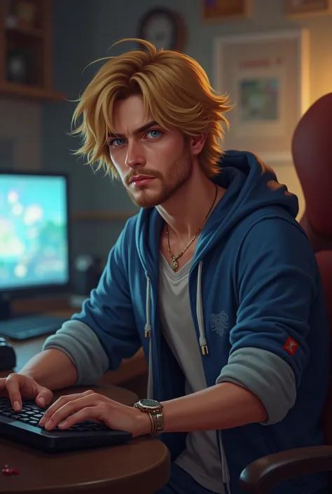 art by Ezreal from League of Legends streaming home clothes on his computer and looking straight ahead.Ezreal is already ingrown and has light bristles on his face.