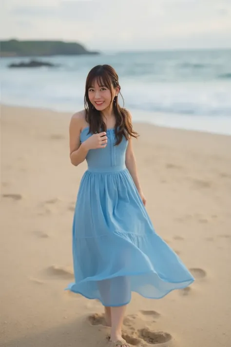 "Prompt": "A woman walking on a sandy beach, wearing a sky-blue dress. The dress is flowing slightly in the wind, with the hem gently lifted. The scene captures the natural beauty of the beach with soft waves in the background, and a warm, sunlit atmospher...