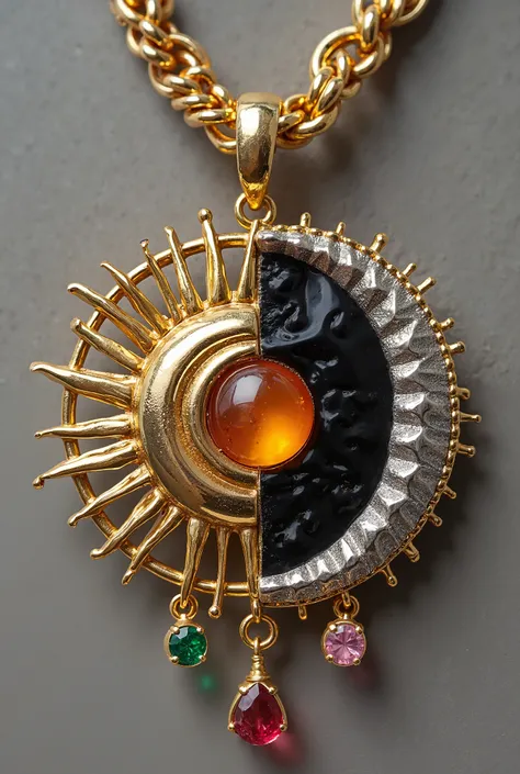  Circular pendant divided into two interconnected halves:
 Gold half with rays representing the sun .
 Silver half with a moon-like texture .
 in the center,  an amber stone and an onyx stone .
 Intertwined gold and silver chain .
 Small decorative pendant...