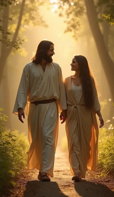  A serene image of Jesus walking next to a person ,  with a hand extended in a gesture of direction and support . Jesus' expression is gentle ,  welcoming and full of compassion ,  radiating peace.  The person next to you seems comforted and confident ,  w...