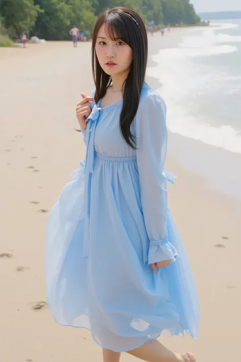 "A woman walking on a sandy beach, wearing a sky-blue dress. The dress is flowing slightly in the wind, with the hem gently lifted. The scene captures the natural beauty of the beach with soft waves in the background, and a warm, sunlit atmosphere."
