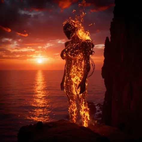 An Android made of fire,  at sunset ,  with a futuristic and detailed design ,  dynamic and impressive posture ,  standing on a rocky cliff ,  the waning sun reflects sparkling orange and red tones on its fiery surface,  magical and suggestive atmospheres ...