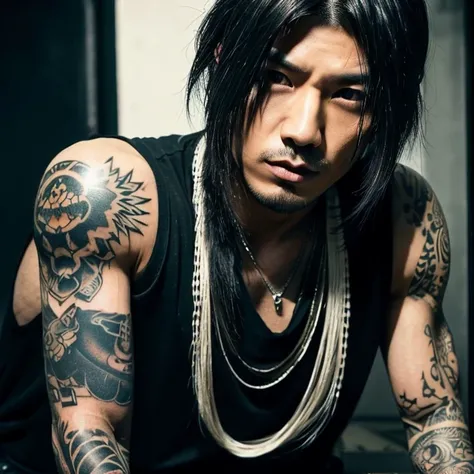 1 man, Japanese man, Male, Asian eyes,   muscular,  wide shoulders, Yakuza-Tattoos, Hairstyle Visual Kei style , Hair Visual Kei,  black men's shirt and black pants,  extremely detailed face and eyes,  hyperrealistic,  Realistic depiction,  40 years old, A...