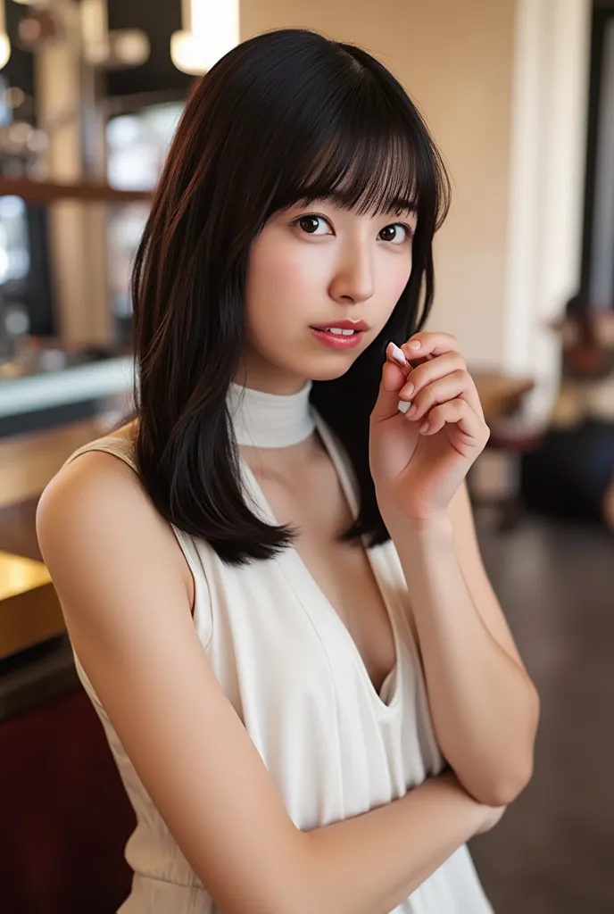 ((close up)), side view, (from above), watching camera, A sophisticated bar setting exudes an atmospheric glow, featuring stylish lighting and a cozy ambiance. In sharp focus, (flat chest:1,2), a thin Japanese idol in her 20s, with tied medium, loosely cur...