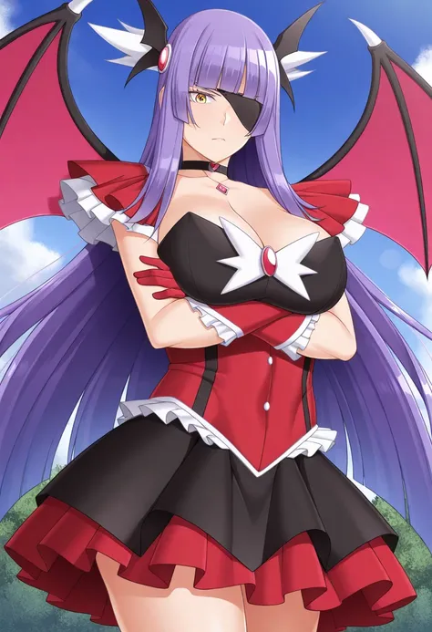 akunosentouin, masterpiece, best quality, amazing quality, very aesthetic, absurdres, newest, (magical girl:1.2), 1girl, solo, red dress, black dress, large breasts, long hair, purple hair, blunt bangs, large breasts, cleavage, belt choker, bat wing orname...