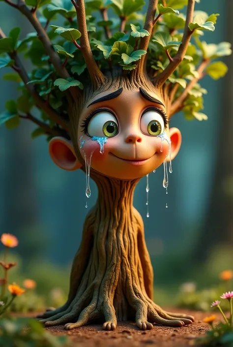 Disney-style animated tree that is crying through the eyes