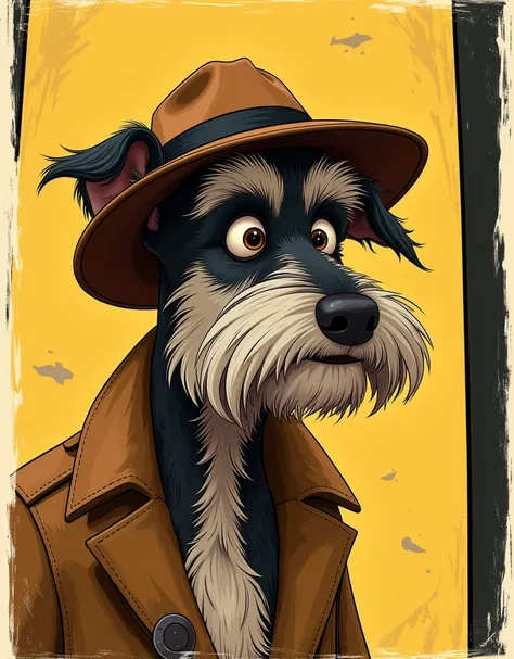 humorистичный шарш,humor, funny ,Stylized image собаки-частного детектива,  Mittel Schnauzer dog in the form of a private detective ,Stylized image,prank, high quality,70xx style ,