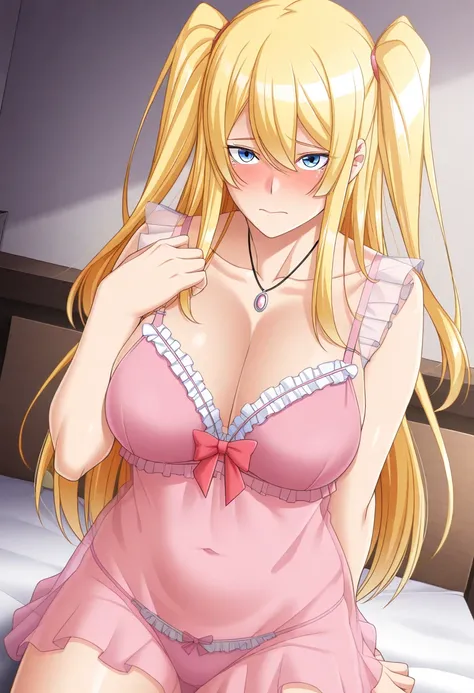 akunosentouin, masterpiece, best quality, amazing quality, very aesthetic, absurdres, newest, 1girl, solo, blue eyes, blonde hair, twe side up, jewelry, long hair, breasts, pink negligee, see-through, bra, panties, bow, frill, looking at viewer, blush, emb...