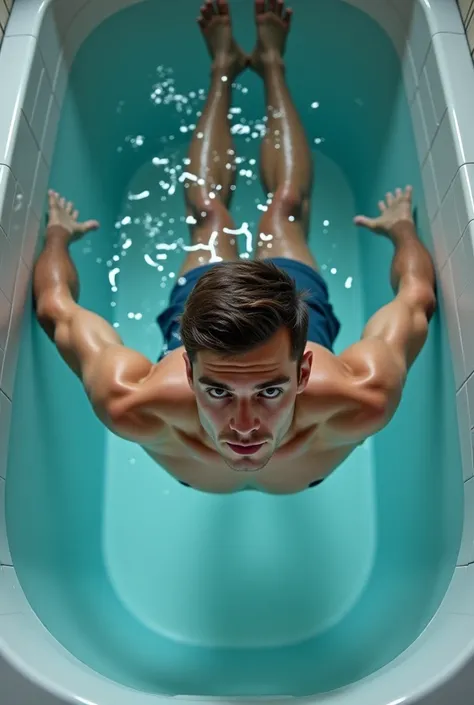 Young man diving under water of bathtub. Close bird eye  POV