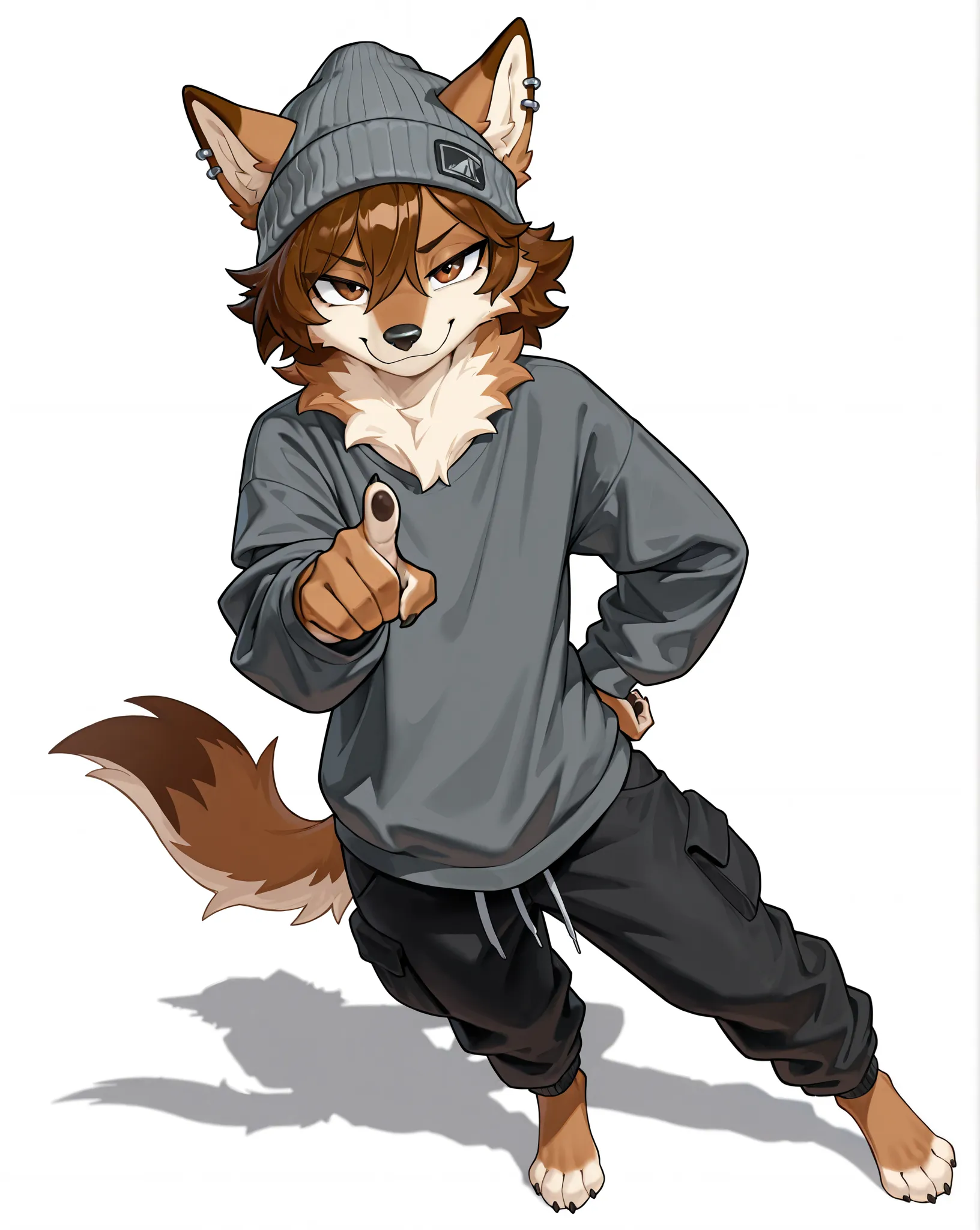 Masterpiece, best quality, absurd res, anthro, solo, an anthro furry male wolf, brown fur, short brown hair, countershading, brown eyes, black nose, ear piercings, neck tufts, wearing grey beanie, dark grey long sleeve shirt, black cargo pants, barefoot, f...