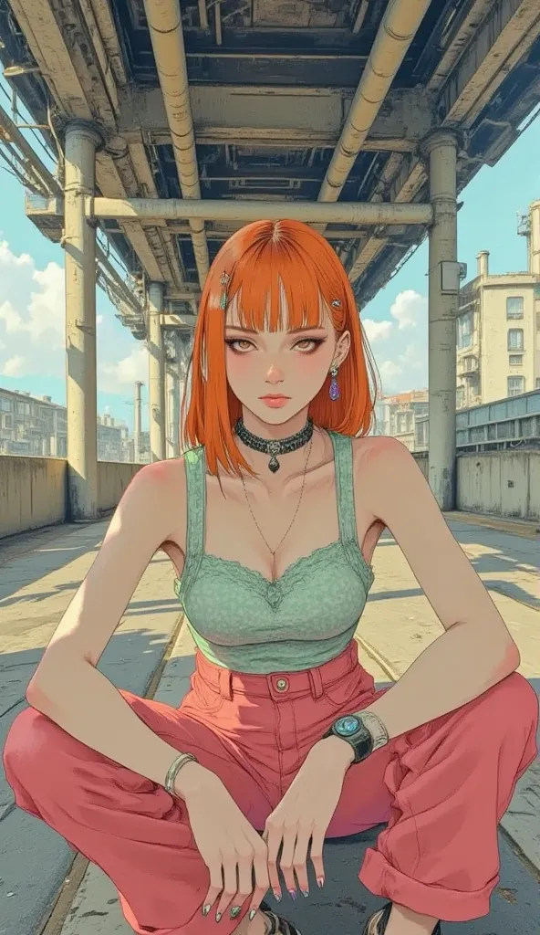 8k, masterpiece, highest quality,  Korea's Beautiful Women, Low-angle, fisheye,  orange hair, half-updo,  defined eyes, shimmery eyeshadow, bold brows, colorful nail art, light green white patterned tank top, coral-pink pants, seated, hands clasped,  concr...