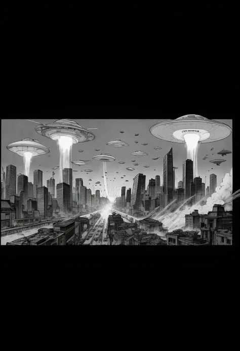 illustration of a city with a bunch of buildings and a UFO warship flying over it, from akira ( 1 9 8 8 ) style, katsuhiro otomo style, inspired by Winsor McCay, exploitable image, in the style of akira, black and white manga panel, the buildings are on fi...