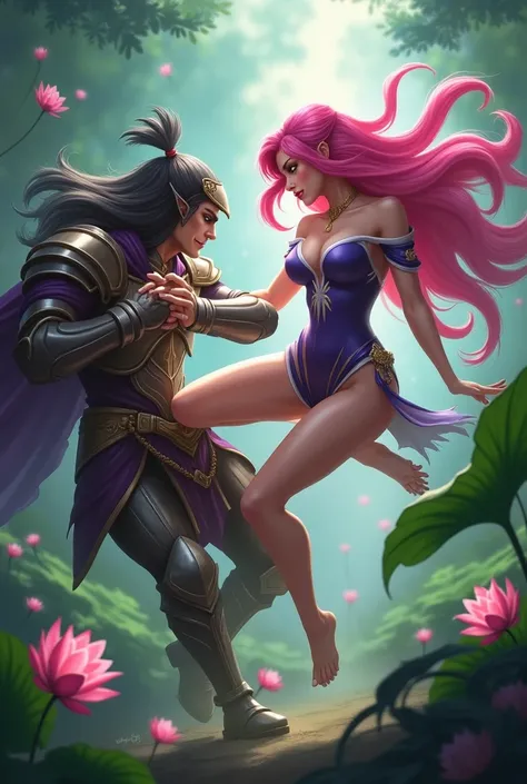 Irelia female (league of legends), order of the lotus, pink, long hair, sexy, Garen male (league of legends), fight, physical, Irelia kicks crotch, ballbusting 