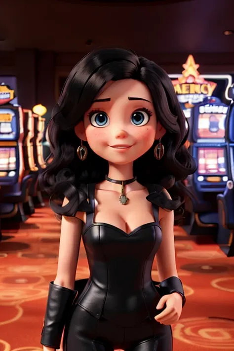 Brunette doll with big straight black hair at a gaming casino