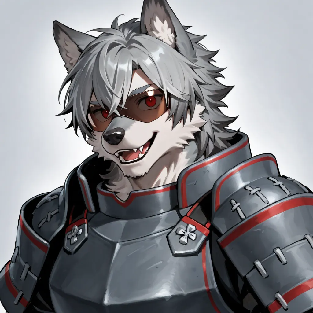 Semi-human male werewolf gray hair, happy,  red eyes, Japanese gray armor with shades of red ,  wolf ears, Back background mountains under the night light 