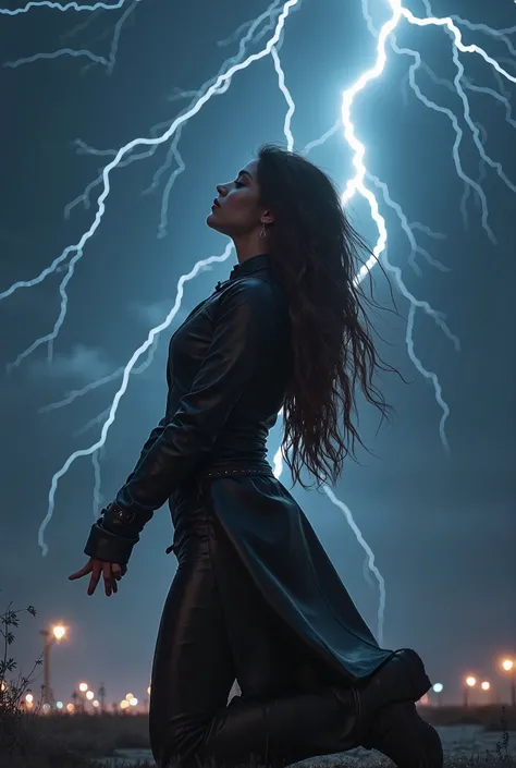 I want you to make a girl standing on her knees with her hands towards the sky (night time) and a sky full of thunders . I want her to wear all black leather fight uniform. Her brown hair free and long an at the end of it I want it to be silver