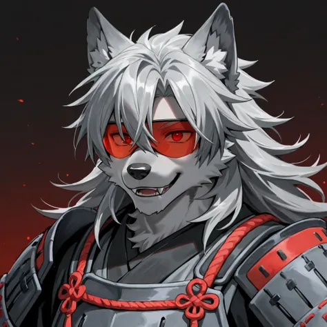 Semi-human male werewolf long gray hair, happy,  red eyes, Japanese gray armor with shades of red ,  wolf ears, Back background mountains under the night light 