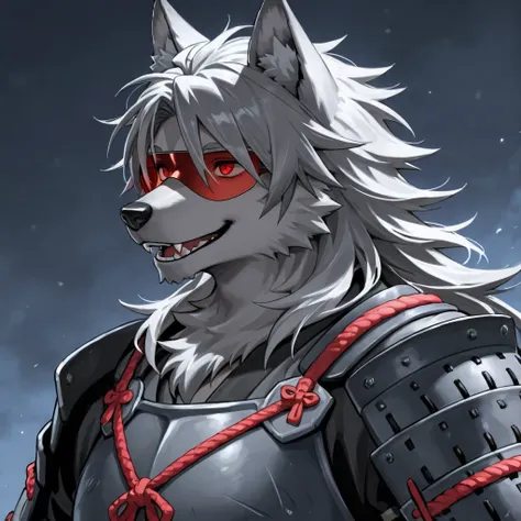 Semi-human male werewolf long gray hair, happy,  red eyes, Japanese gray armor with shades of red ,  wolf ears, Back background mountains under the night light 