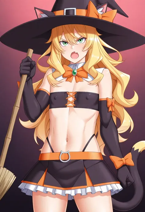 akunosentouin, masterpiece, best quality, amazing quality, very aesthetic, absurdres, newest, 1girl, solo, blond hair, long hair, wavy hair, green eyes, witch hat, cat tail, bow, flat chest, covered nipples, tube top, breasts, angry, skin fang, elbow glove...