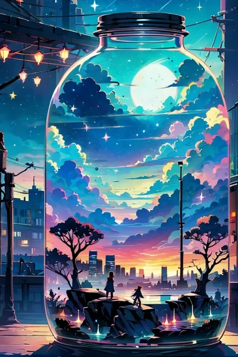  the world view where the inside of the bottle is night and the outside of the bottle is dusk，Contrast，Color coding，octans, null, star (null), scenery, starry null,     night  ,   1 girl,     night   null,  alone,  Outdoors, building, cloud,   Milky Way,  ...