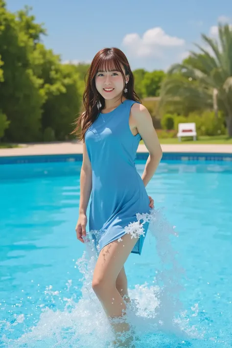 {
 "prompt": "A woman wearing a sky blue one-piece dress, standing by the poolside, dipping her feet into the water and playfully splashing. The sunlight reflects on the pool's surface, creating a shimmering effect. The scene conveys a relaxed and joyful a...