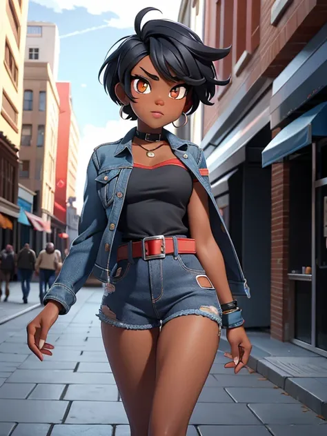 score_9, source_cartoon, 1girl, solo, black woman, amber eyes, medium black hair, opened blue jacket, red tube top, belt denim shorts, city street, walking