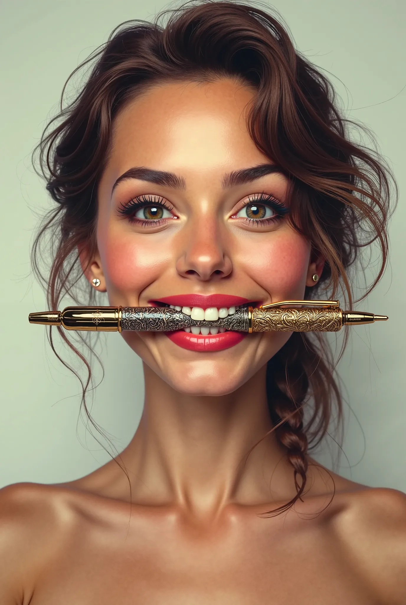 Generate a woman smiling proudly displaying an intricate pen permanently glued between her teeth 