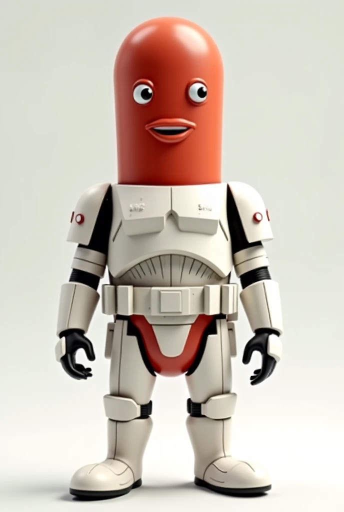 Create an image of a meat sausage with facial features dressed as the Star Wars white trooper. His helmet should be off