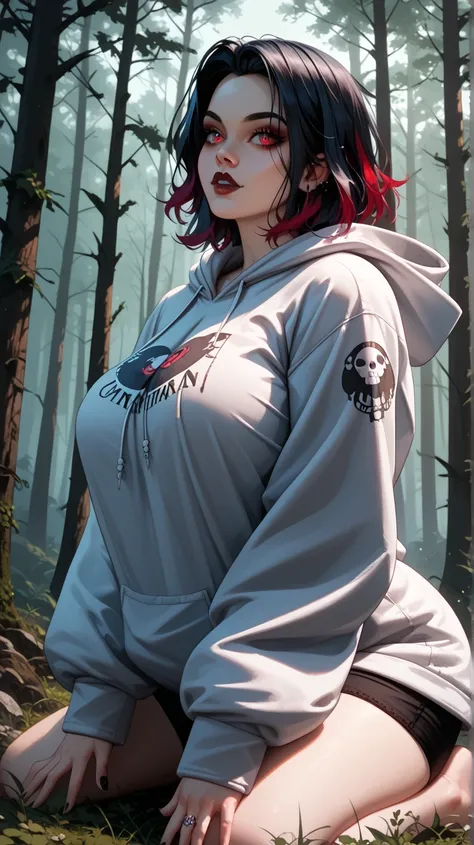 A gothic vampire girl kneels in a shadowy, fog-filled forest, her head tilted back to gaze at the night sky. Her oversized onesie billows slightly in the wind, and her long, dark hair drapes over her shoulders. The glow of her crimson eyes contrasts agains...