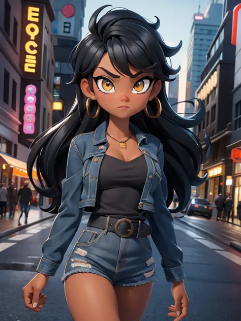 score_9, source_cartoon, 1girl, solo, black woman, amber eyes, wavy black hair, opened blue jacket, black tube top, belt, denim shorts, city street, walking
