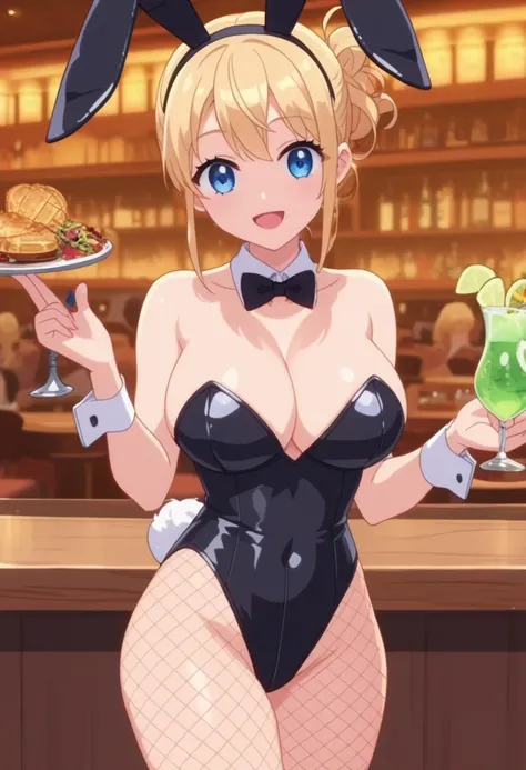 masterpiece, Highest quality,bunny suit, (anime screencap:1.3),(shape), cute,smile,(Simple:1), (anime:1.2),Solo Sharp Focus, 1 girl, Cleavage,Looking at the audience, Japan,((Fishnet tights)),Are standing,Pub,very Large Breasts,NSFW,cute eyes,Puffy eyes,Tw...