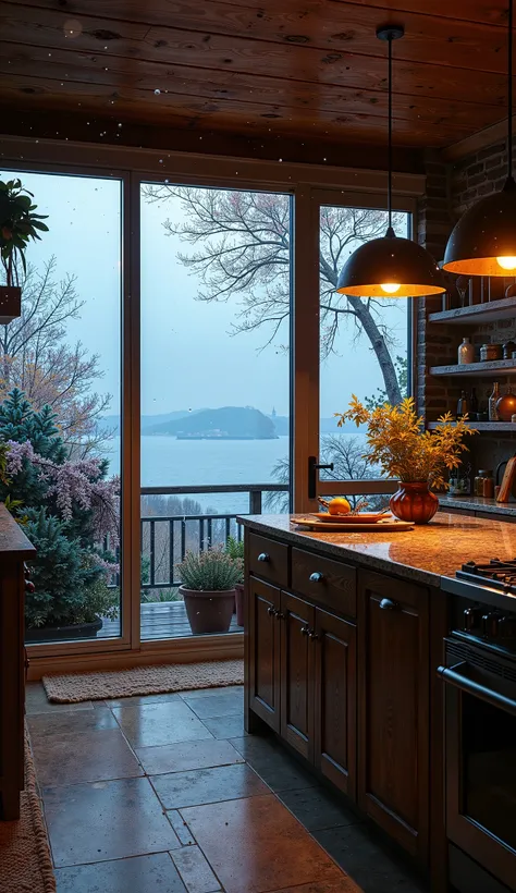 New York style kitchen room overlooking the sea, on voi la mer à travers la baie vitrée pendant la saison d'automne. Il pleut dehors et il fait nuit