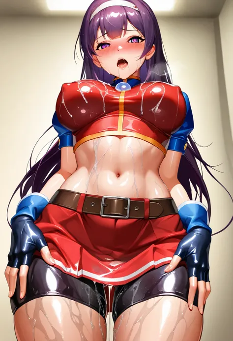 Masterpiece, best quality,petite girl,ATHKOF2002, purple hair, long hair, purple eyes, white hairband, blue sleeves, pearl (gemstone), short sleeves, red top, belt, fingerless gloves, navel, red skirt, biker shorts, nose blush, solo, seductive pose,cowboy ...