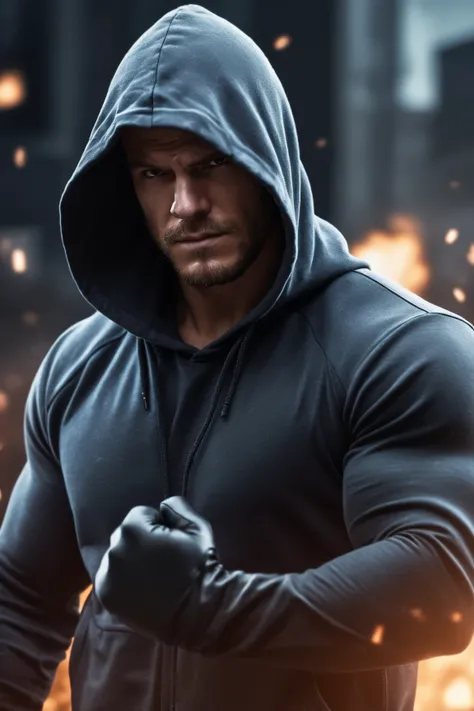 cinematic photo ((ohwx man)) , smooth soft skin, soft lighting, detailed face, male focus, concept art, digital painting, wearing a black camo-pattern hoodie, as an angry vigilante, face clearly visible, muscled, wearing fingerless gloves, fighting stance,...