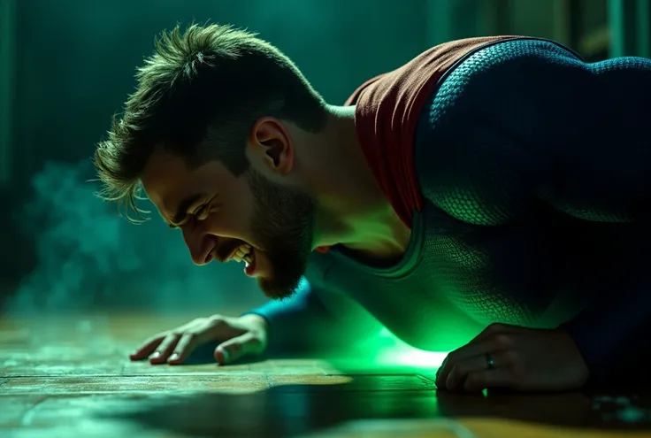 side view shot, of an attractive European Man, ericjanicki, Handsome, closed eyes, short brunette hair, 30 years old, beard,blue and red superhero costume,crawling on wooden floor,grimacing facial expression,eyes closed,suffering,pain,hurt,agony, the chara...